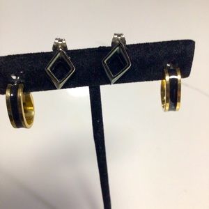 Two pairs of post earrings, gold & black; Forest Green Hexagon.